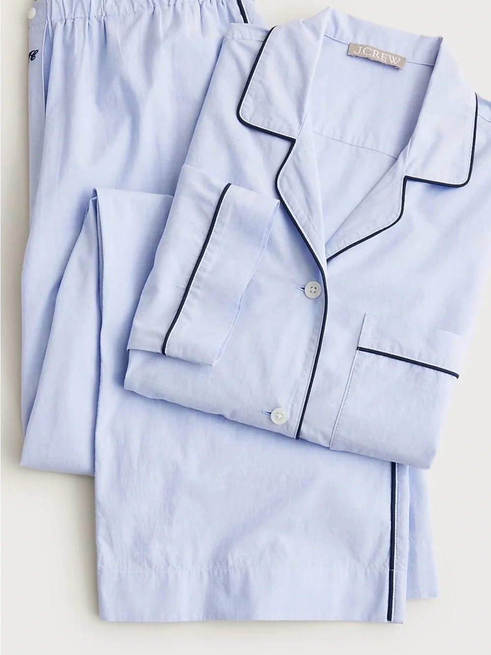 J. Crew Pale Blue Cotton Pajama Set with Navy Trim